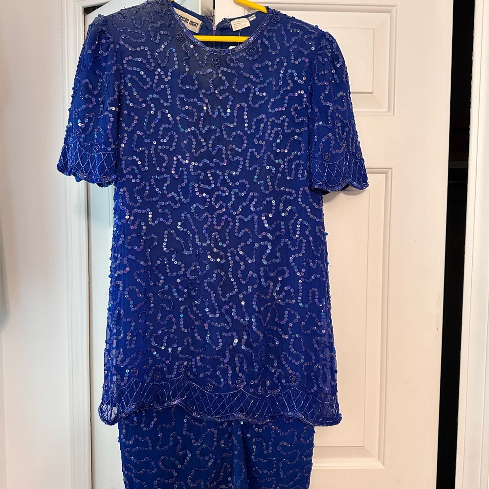 Blue Sequin and Beaded 100% Silk Dress